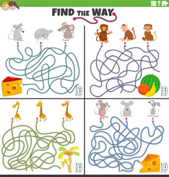 find the way maze games set with cartoon animal characters