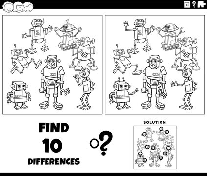 differences game with cartoon robots coloring page