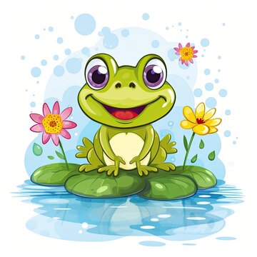 Cute frog sitting on lily pads in the water. Cute Little Happy Frog clipart on top of water, AI Generated