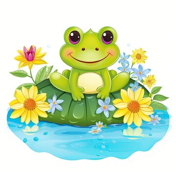 Cute frog on a green stone with flowers. Cute Little Happy Frog clipart on top of water, AI Generated
