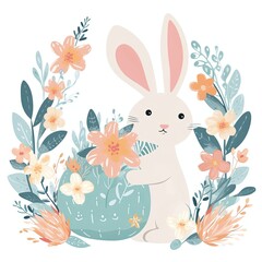 Cute Easter bunny with flowers and leaves.  Illustration. Floral Easter Bunny Clipart, AI Generated
