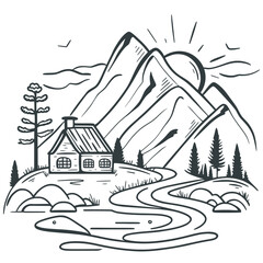 Cottage in mountains black sketch on white background. Rural house in mountainous area with river. Hand drawn rural landscape. Countryside hand drawn engraving, vector illustration