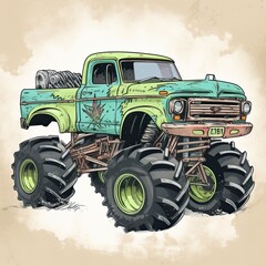 Vintage hand drawn monster truck. Vintage illustration. Retro style. Vintage Monster Truck Sublimation clipart, AI Generated