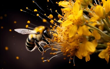 Close-up of a bumblebee collecting pollen from a yellow flower, Generative Ai
