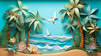 Illustration of a paper landscape inspired by a tropical paradise with origami birds and beach with palm treas