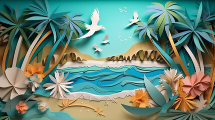 Fototapeta na wymiar Illustration of a paper landscape inspired by a tropical paradise with origami birds and beach with palm treas