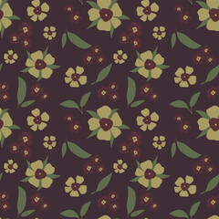Trendy seamless floral textile print with small flowers on a green background. Botanical  Khaki color hand drawn pattern, vector
