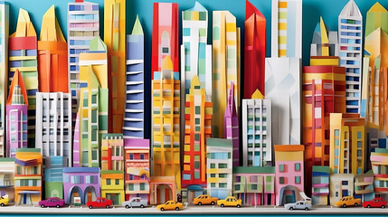 Colorful cityscape illustration made of paper in origami style