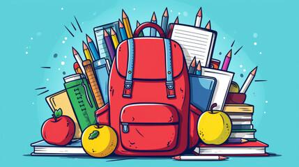 Illustration showcasing the essentials for a successful school year with a backpack books notebooks, pencils .. back to school concept