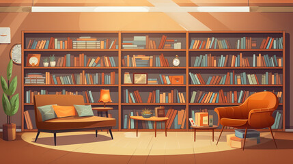 Illustration of a library room with many book and bookshelves and sitting area