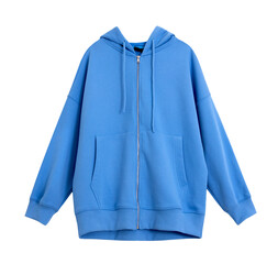 Blue zipped hoodie isolated on white.  Casual sweatshirt,sportswear.Fashionable jumper with...