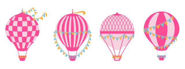 Set of 4 hot air balloons with basket. Vector designs.