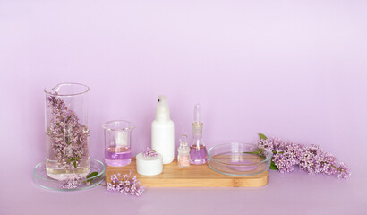 Obraz na płótnie Canvas Use of natural flower extracts with lilac aroma in cosmetic products. Jar of cream, bottle of lotion, lilac extract in Petri dish, reagent solutions, sprig of lilac on wooden podium on pink background