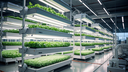 Hydroponics vertical farm in building with high technology farming, agricultural greenhouse with hydroponic shelves - obrazy, fototapety, plakaty