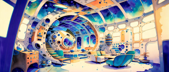 Space station room with windows overlooking the cosmos. Watercolor style. Generative AI.