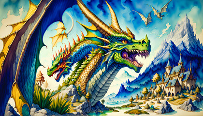 Obraz na płótnie Canvas Big magical dragon in the land of fairy tales and magic. Watercolor style. Generative AI.