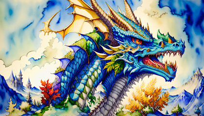 Big magical dragon in the land of fairy tales and magic. Watercolor style. Generative AI.