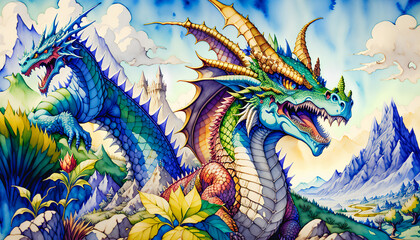 Fototapeta premium Big magical dragon in the land of fairy tales and magic. Watercolor style. Generative AI.
