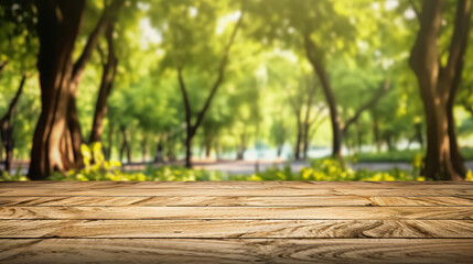 Fototapeta na wymiar Wood floor with blurred trees of nature park