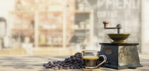 Drip coffee Moka pot with hand grinder Coffee beans Coffee making equipment on wooden table Black coffee in a vintage cup Italian traditional coffee maker on a wooden background 3D illustration