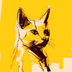 Sketch illustration of a cat. Black contours with a yellow background. Portrait.