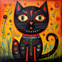 Folk art style cat. Colorful illustration.
