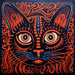 Block print style cat illustration. Red and blue colored.