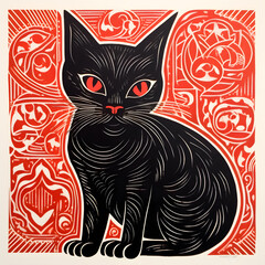 Block print style cat illustration. Red and black colored.