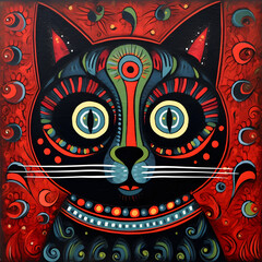 Colorful cat illustration. Black and red folk art style cat.