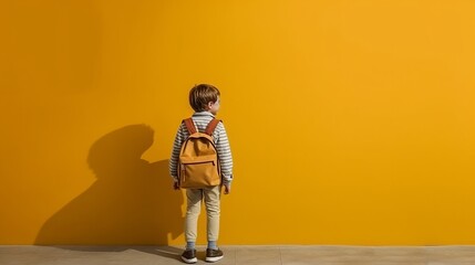 A child with a school backpack walks on the way to school. Backpack for a teenager. Solid yellow background. Place for text. generative AI - obrazy, fototapety, plakaty