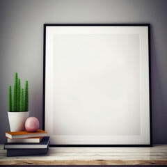 Empty black picture frame. Decorative vases and books. Image mockup.