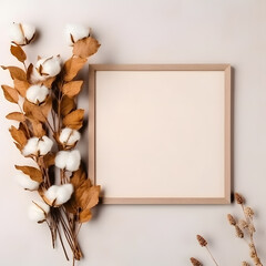 Frame with eucalyptus branches, cotton flowers, dried leaves on pastel gray background. Autumn, fall concept. Flat lay, top view, copy space.