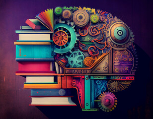 Human brain with gears and books. Abstract illustration.