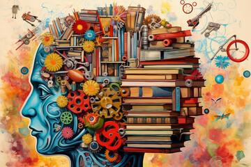 Colorful collage with books, cogs and human head. Brain, intelligence illustration, learning and education thoughts.