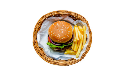 Sandwich and fries inside a wicker basket. Fast food.