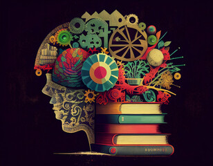 Colorful collage with books, cogs and human head. Intelligence illustration, education thoughts.