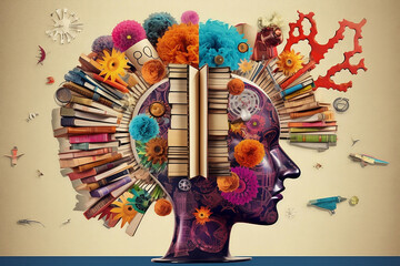 Punk hairstyle made of books and flowers. Colorful collage.