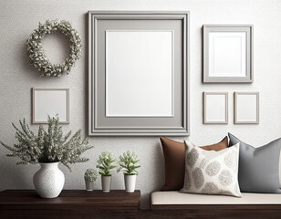 Empty picture frames on the wall. Image mockup. Plant and pillows.