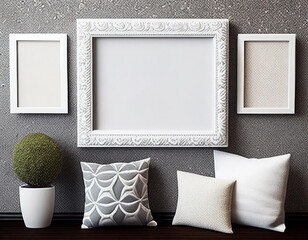 Three empty picture frames on the wall. Image mockup. Plant and pillows.