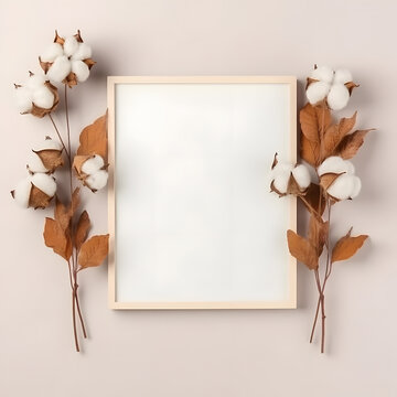 Frame with eucalyptus branches and cotton flowers. Autumn, fall concept. Flat lay, top view, copy space.