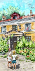 The old house and its inhabitants. Cityscape with children walking in the yard with a ball.