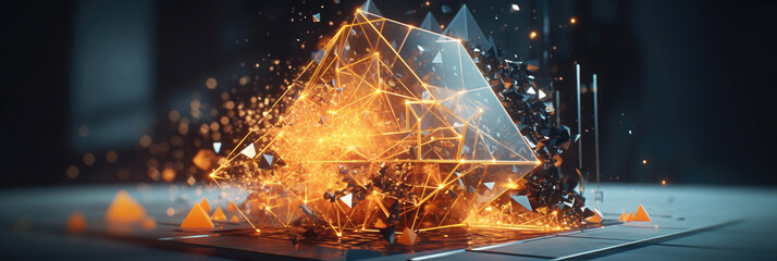 Unleash The Power Of Technology With Glowing Pyramid And Triangle On Computer Screen Against Dark Background - Stock Photo 3D Motion Animation Still Frame Generative AI