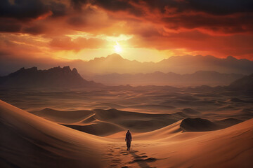 Mensch, der sich auf eine Reise durch die Wüste begibt, KI-generierter Inhalt