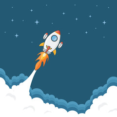 Rocket launch. Vector illustration of a rocket flying above the clouds. Business and technology startup concept designed in flat and minimalistic cartoon style.