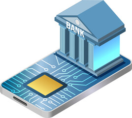 Virtual bank, digital mobile banking service. Bank building on smartphone with microchip. Financial wireless technology. PNG Isometric.