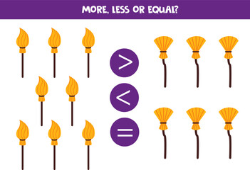 More, less or equal with cartoon halloween brooms.