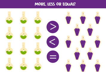 More, less or equal with cute cartoon halloween potions.