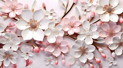 Beautiful blossoming branches on light background, top view. Floral decor.generated ai.