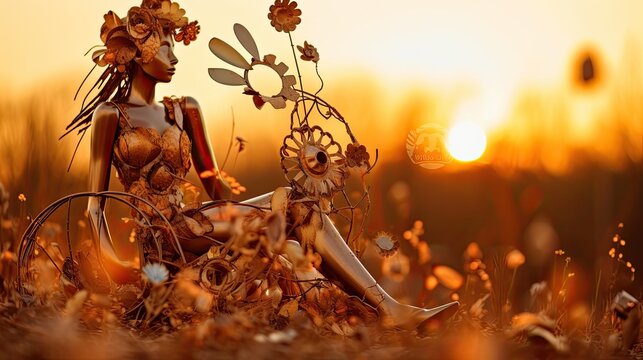 A conceptual photograph capturing the beauty of upcycled art, featuring a sculpture created from recycled materials, surrounded by natural elements