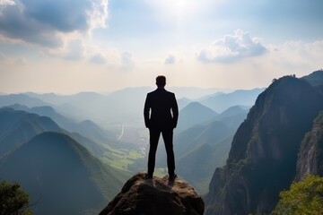 Fototapeta premium Confident Businessman at the Summit of a Mountain